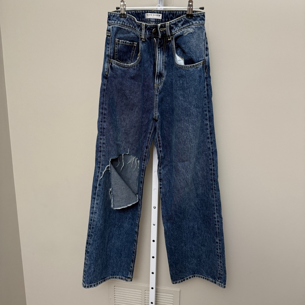 ICON DENIM LOS ANGELES Distressed Wide Leg Jeans in Blue SIZE 23